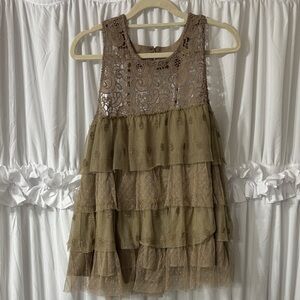 Brownish Green Lace Tiered Dress
